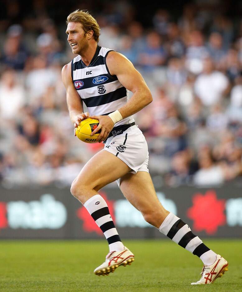 AFL 2015 NAB Challenge - Carlton v Geelong Dawson Simpson of the Cats in action during the 2015 NAB Challenge Week 4 match between the Carlton Blues and the Geelong Cats at Etihad Stadium, Melbourne on March 22, 2015. (Photo: Michael Willson/AFL Media)